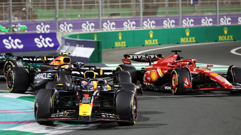 Max Verstappen and Sergio Perez lead at the start of the 2024 Saudi Arabian GP
