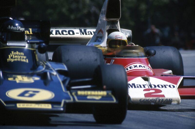 Lotus’s Jacky Ickx and McLaren’s Jochen Mass Spanish GP 1975