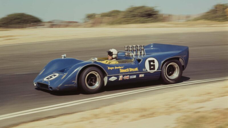 Mark Donohue driving his McLaren M6A to victory at Laguna Seca in the 1968 US Road Racing Championships