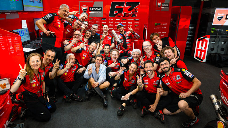 Pecco Bagnaia Ducati crew celebrate second place finish in 2025 MotoGP Qatar Grand Prix